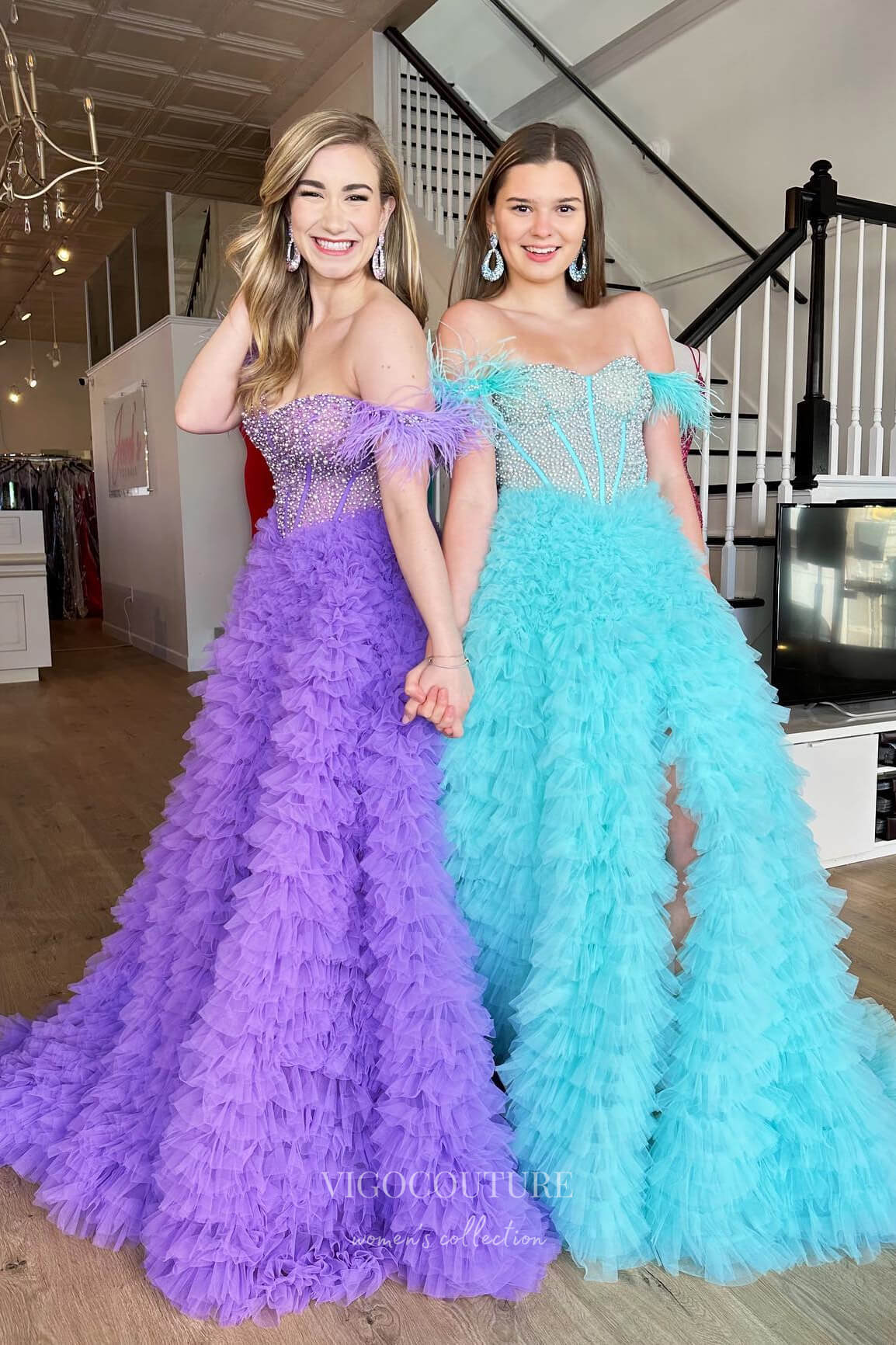 Prom Dress 2025 Beaded Ruffled Tulle Prom Dresses with Slit Off the Shoulder Formal Gown 22178-unique elegant Prom Dresses-Purple-US2-vigocouture