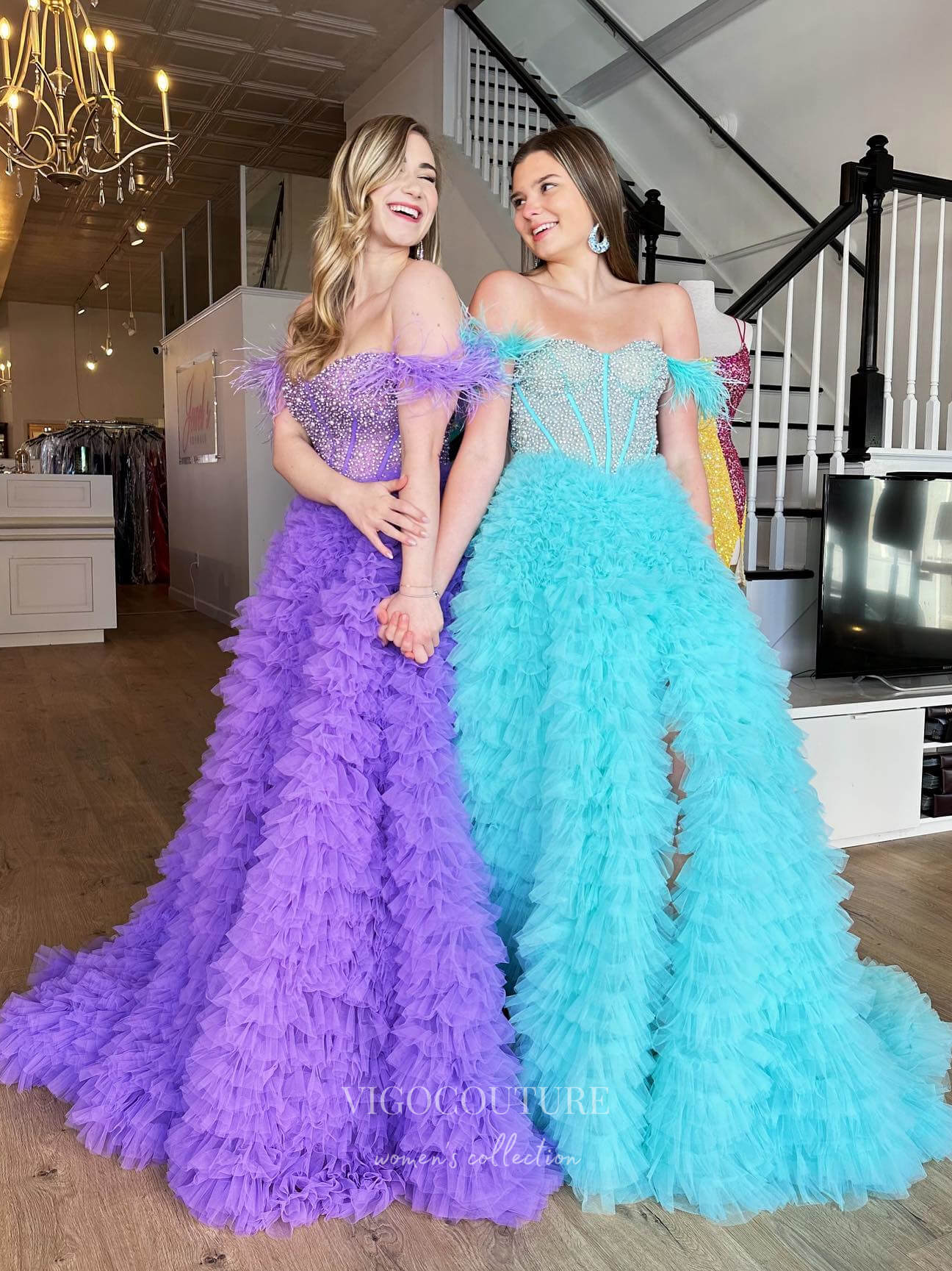 Prom Dress 2025 Beaded Ruffled Tulle Prom Dresses with Slit Off the Shoulder Formal Gown 22178-unique elegant Prom Dresses-Purple-US2-vigocouture