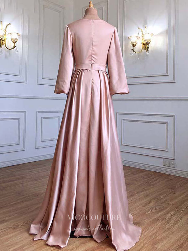 Prom Dress 2025 Beaded Satin Prom Dresses Long Sleeve Formal Dresses 21221-unique elegant Prom Dresses-Blush-US2-vigocouture