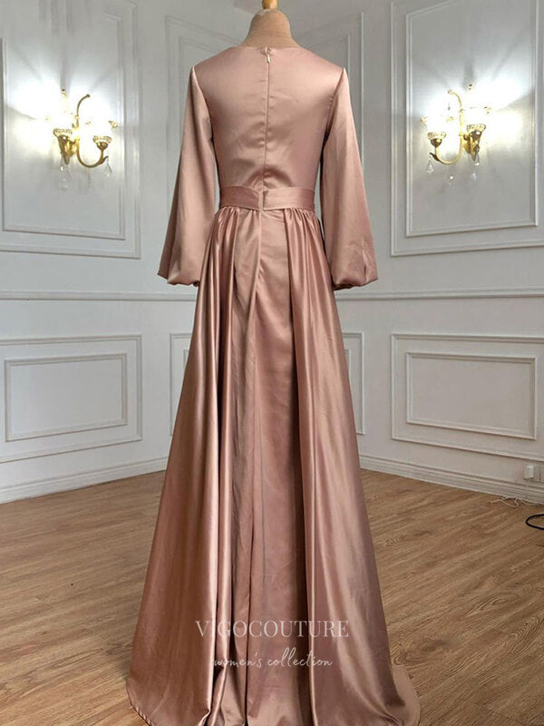 Prom Dress 2025 Beaded Satin Prom Dresses Long Sleeve Formal Dresses 21221-unique elegant Prom Dresses-Blush-US2-vigocouture