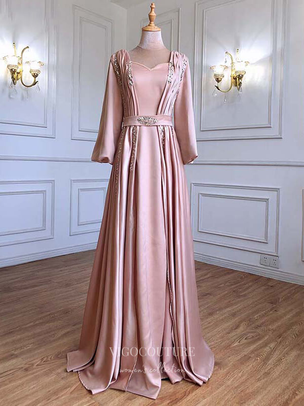 Prom Dress 2025 Beaded Satin Prom Dresses Long Sleeve Formal Dresses 21221-unique elegant Prom Dresses-Blush-US2-vigocouture