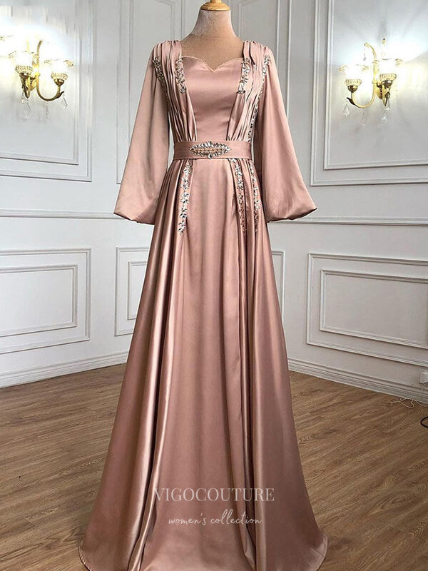 Prom Dress 2025 Beaded Satin Prom Dresses Long Sleeve Formal Dresses 21221-unique elegant Prom Dresses-Pink-US2-vigocouture