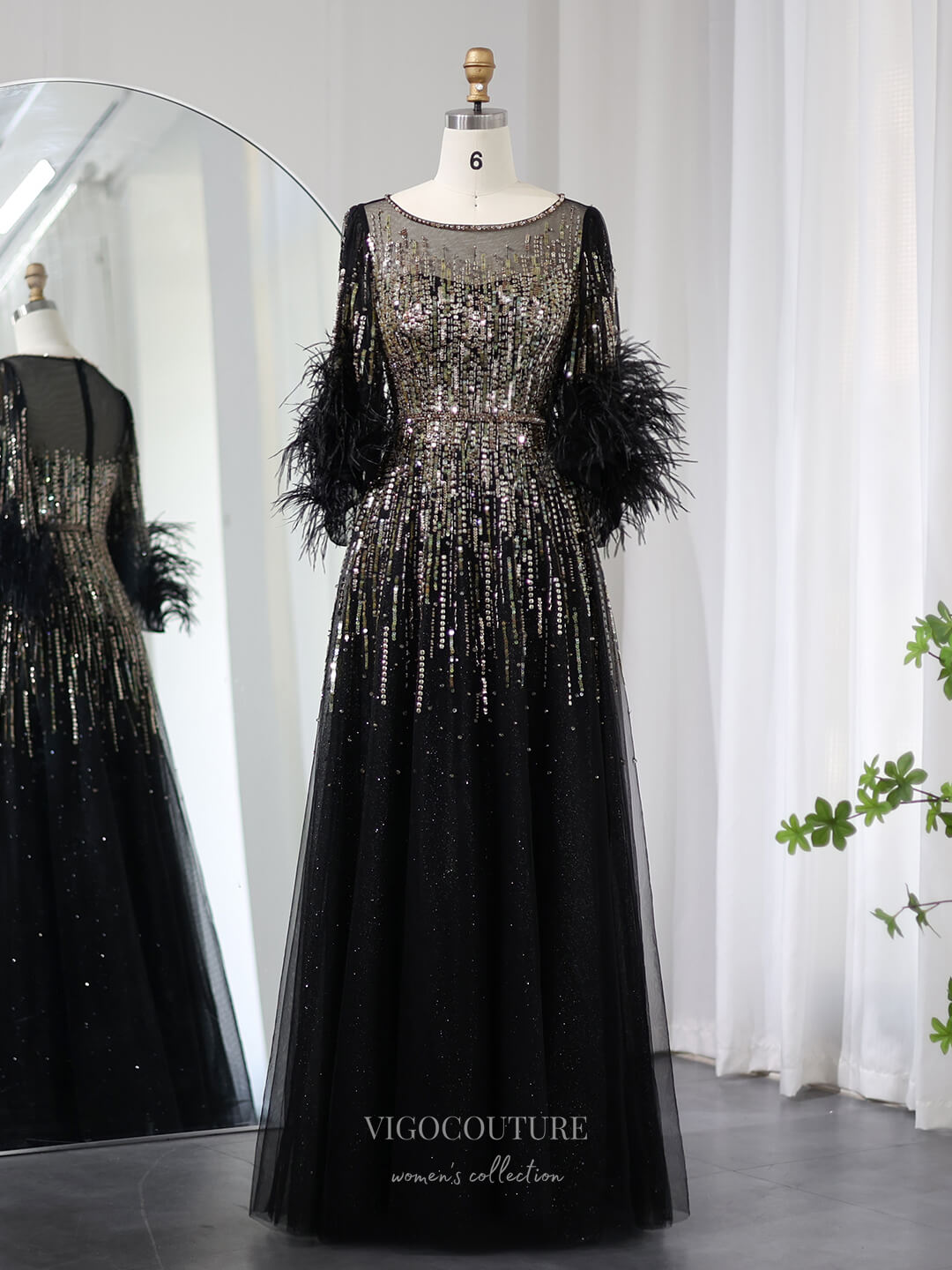 Prom Dress 2025 Beaded Sequin Lace Prom Dresses Feathers Half Sleeve Mother of the Bride Dress 24428-unique elegant Prom Dresses-Black-US2-vigocouture