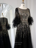 Prom Dress 2025 Beaded Sequin Lace Prom Dresses Feathers Half Sleeve Mother of the Bride Dress 24428-unique elegant Prom Dresses-Black-US2-vigocouture