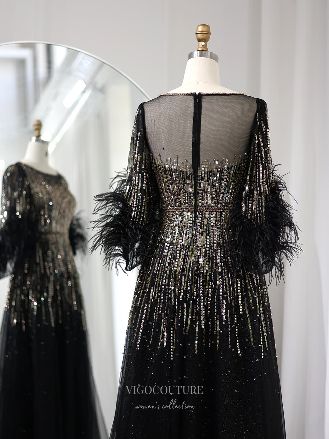 Prom Dress 2025 Beaded Sequin Lace Prom Dresses Feathers Half Sleeve Mother of the Bride Dress 24428-unique elegant Prom Dresses-Black-US2-vigocouture