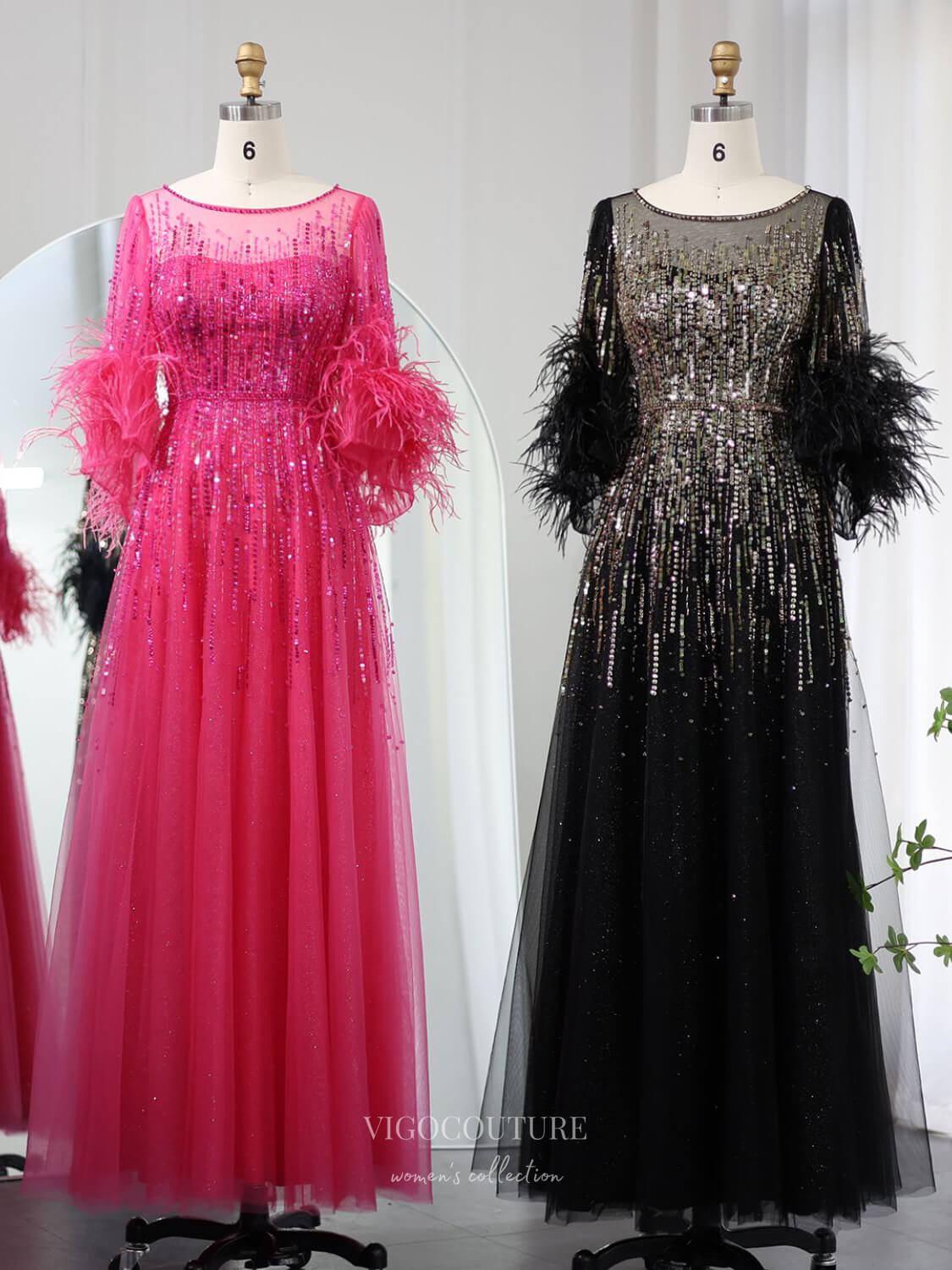 Prom Dress 2025 Beaded Sequin Lace Prom Dresses Feathers Half Sleeve Mother of the Bride Dress 24428-unique elegant Prom Dresses-Black-US2-vigocouture