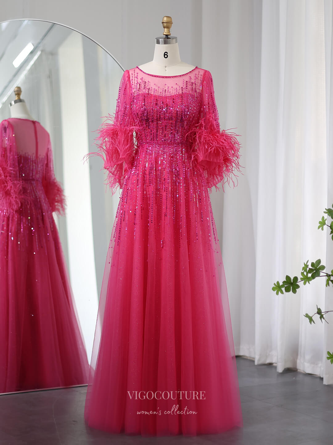 Prom Dress 2025 Beaded Sequin Lace Prom Dresses Feathers Half Sleeve Mother of the Bride Dress 24428-unique elegant Prom Dresses-Fuchsia-US2-vigocouture