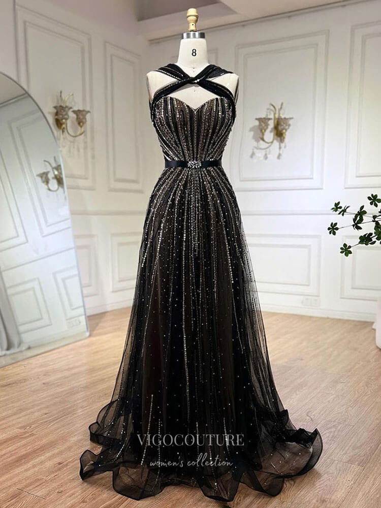 Prom Dress 2025 Beaded Sequin Prom Dresses Halter Neck Pageant Dress 24514-unique elegant Prom Dresses-Black-US2-vigocouture