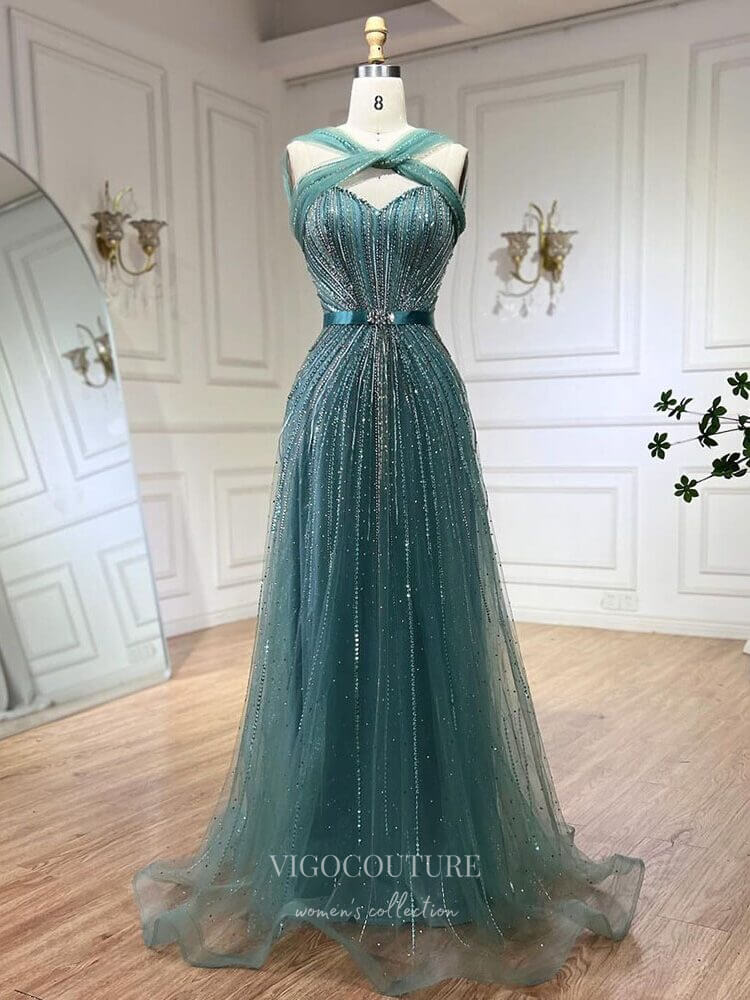 Prom Dress 2025 Beaded Sequin Prom Dresses Halter Neck Pageant Dress 24514-unique elegant Prom Dresses-Green-US2-vigocouture