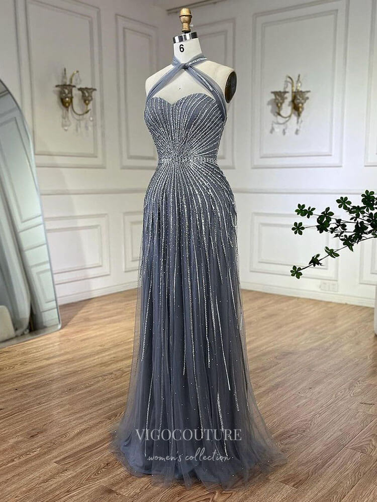 Prom Dress 2025 Beaded Sequin Prom Dresses Halter Neck Pageant Dress 24514-unique elegant Prom Dresses-Light Blue-US2-vigocouture