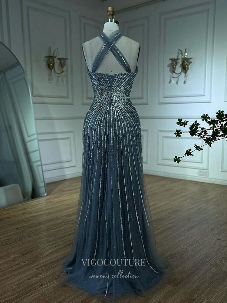 Prom Dress 2025 Beaded Sequin Prom Dresses Halter Neck Pageant Dress 24514-unique elegant Prom Dresses-Light Blue-US2-vigocouture