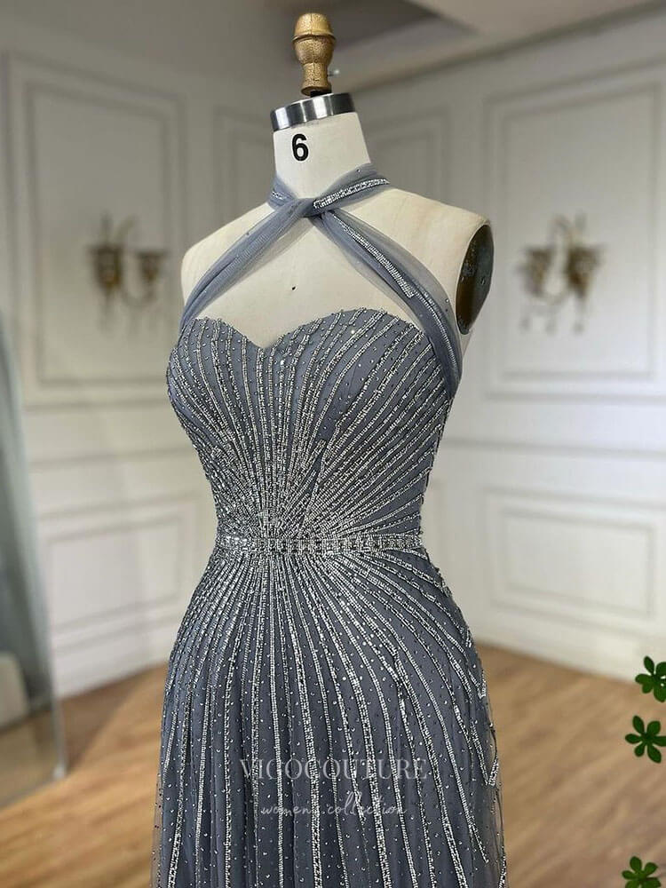 Prom Dress 2025 Beaded Sequin Prom Dresses Halter Neck Pageant Dress 24514-unique elegant Prom Dresses-Light Blue-US2-vigocouture