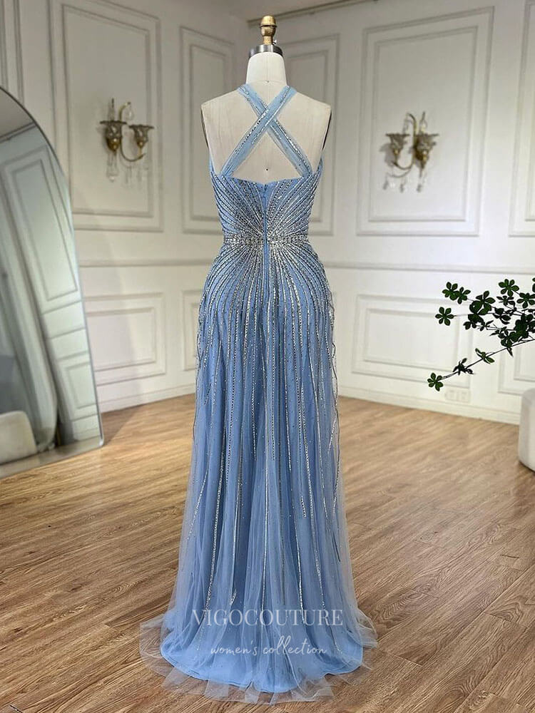 Prom Dress 2025 Beaded Sequin Prom Dresses Halter Neck Pageant Dress 24514-unique elegant Prom Dresses-Light Blue-US2-vigocouture