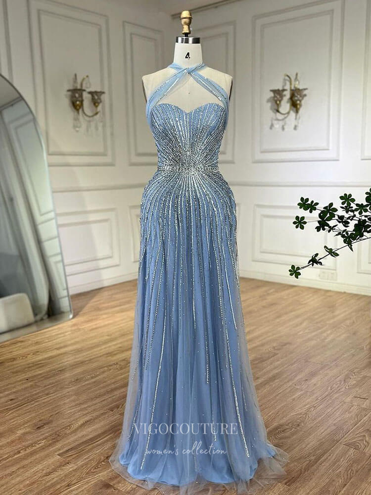 Prom Dress 2025 Beaded Sequin Prom Dresses Halter Neck Pageant Dress 24514-unique elegant Prom Dresses-Light Blue-US2-vigocouture