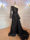 Prom Dress 2025 Beaded Sequin Prom Dresses with Slit One Shoulder Evening Gown 22115-unique elegant Prom Dresses-Black-US2-vigocouture