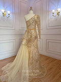 Prom Dress 2025 Beaded Sequin Prom Dresses with Slit One Shoulder Evening Gown 22115-unique elegant Prom Dresses-Champagne-US2-vigocouture