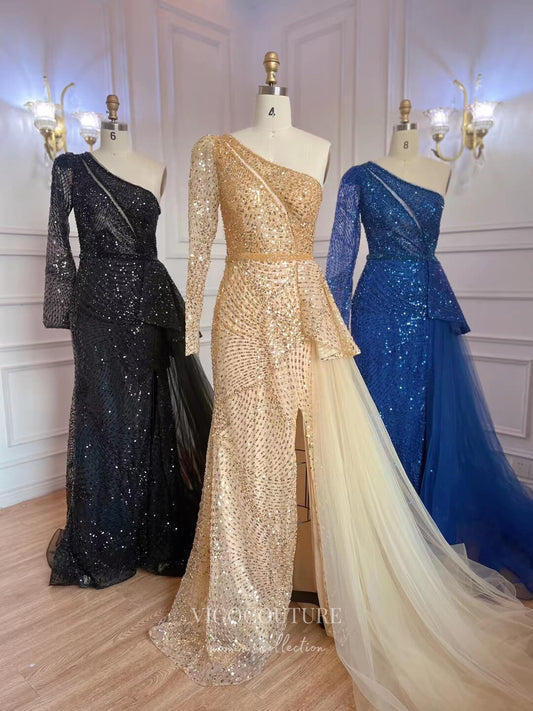 Prom Dress 2025 Beaded Sequin Prom Dresses with Slit One Shoulder Evening Gown 22115-unique elegant Prom Dresses-Champagne-US2-vigocouture