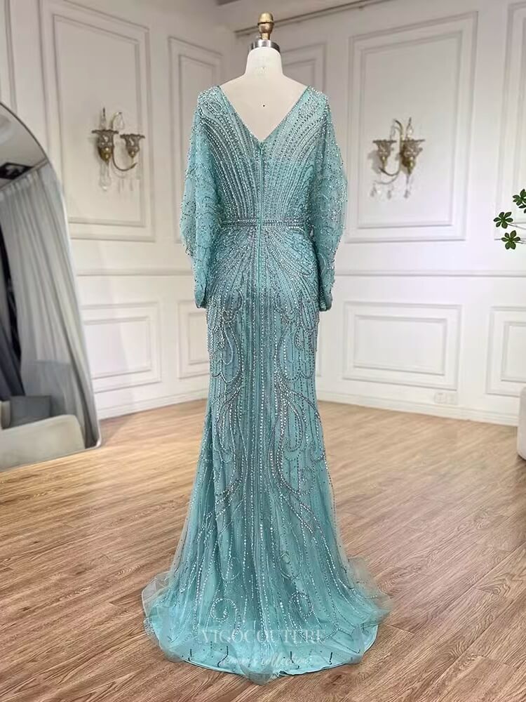 Beaded Sheath Batwing Sleeve Prom Dresses V-Neck Pageant Dress 25008 vigocouture Beaded Sheath Batwing Sleeve Prom Dresses V-Neck Pageant Dress 25008 vigocouture