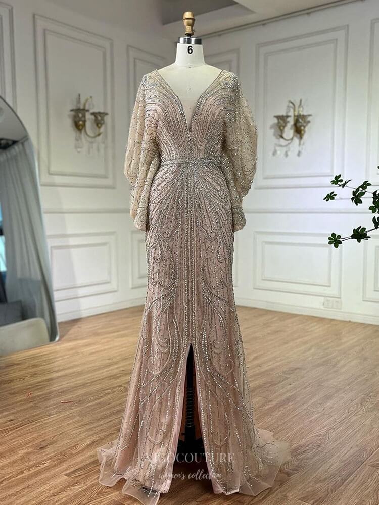 Beaded Sheath Batwing Sleeve Prom Dresses V-Neck Pageant Dress 25008 Champagne / US6