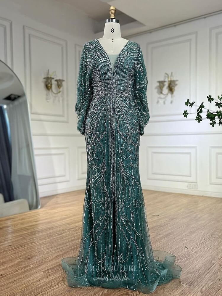 green emerald velvet dress Beaded Sheath Batwing Sleeve Prom Dresses V-Neck Pageant Dress 25008 Champagne / US6