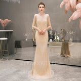 Prom Dress 2025 Beaded Sheath Half Sleeve Prom Dresses 20009-unique elegant Prom Dresses-Champagne-US2-vigocouture