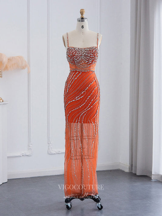 Prom Dress 2025 Beaded Sheath Prom Dresses Spaghetti Strap 1920s Evening Dress 22159-unique elegant Prom Dresses-Orange-US2-vigocouture