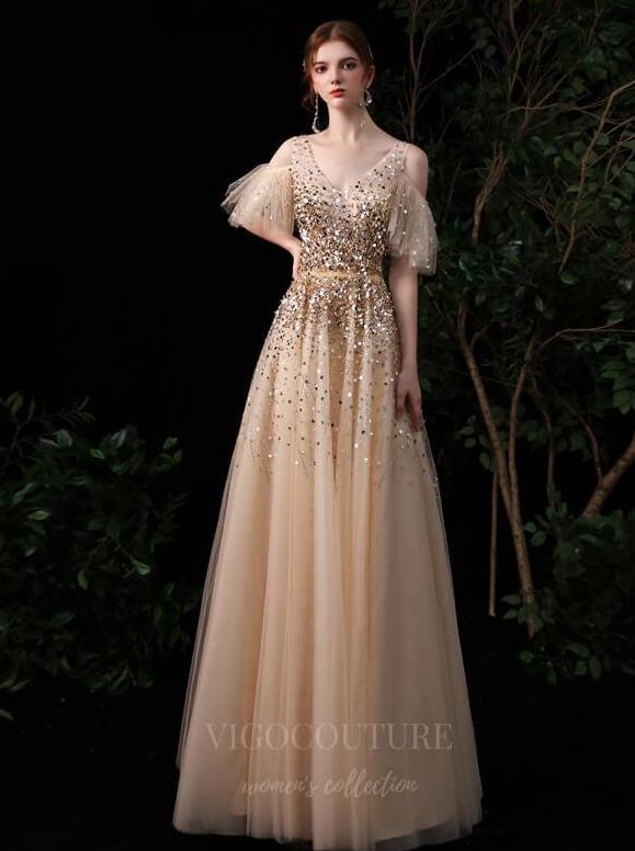 Prom Dress 2025 Beaded Short Long Sleeve Prom Dress 20145-unique elegant Prom Dresses-Gold-US2-vigocouture