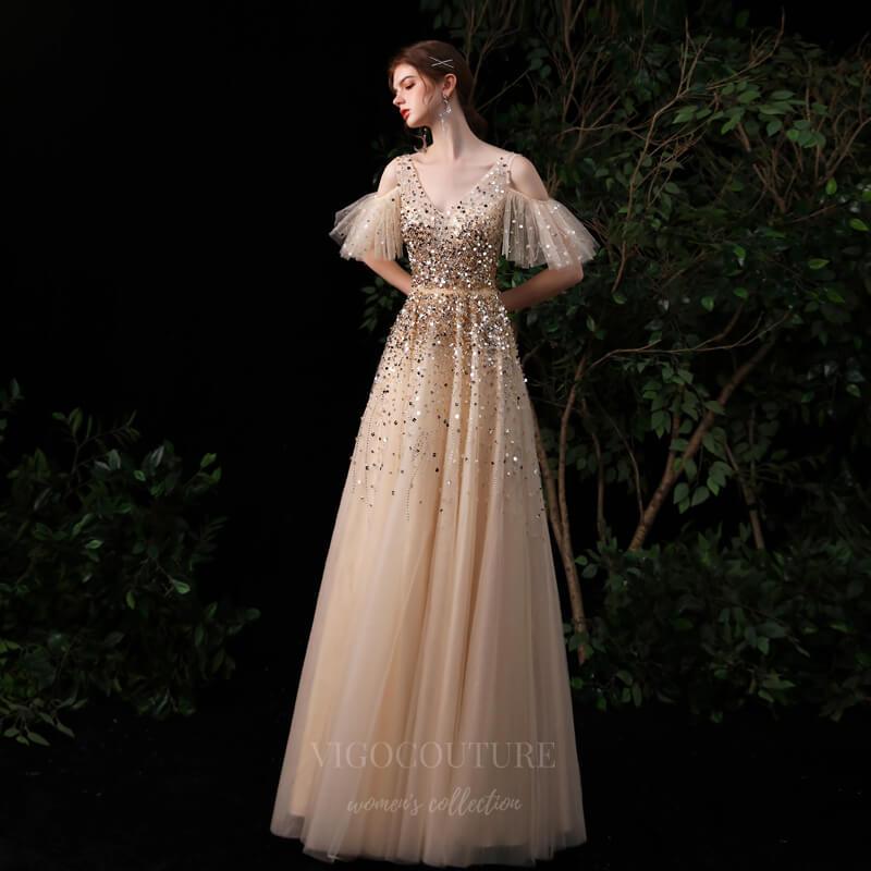 Prom Dress 2025 Beaded Short Long Sleeve Prom Dress 20145-unique elegant Prom Dresses-Gold-US2-vigocouture