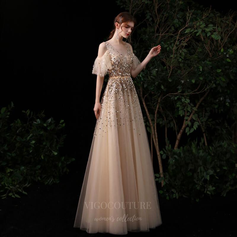 Prom Dress 2025 Beaded Short Long Sleeve Prom Dress 20145-unique elegant Prom Dresses-Gold-US2-vigocouture