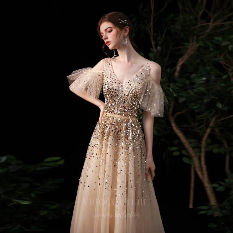 Prom Dress 2025 Beaded Short Long Sleeve Prom Dress 20145-unique elegant Prom Dresses-Gold-US2-vigocouture