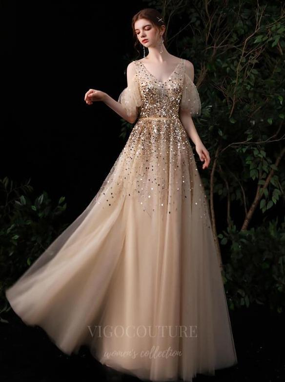 Prom Dress 2025 Beaded Short Long Sleeve Prom Dress 20145-unique elegant Prom Dresses-Gold-US2-vigocouture