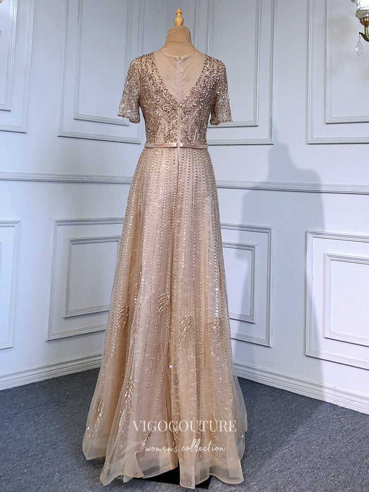 Prom Dress 2025 Beaded Short Sleeve Formal Dresses A-Line Evening Dresses 21517-unique elegant Prom Dresses-Gold-US2-vigocouture