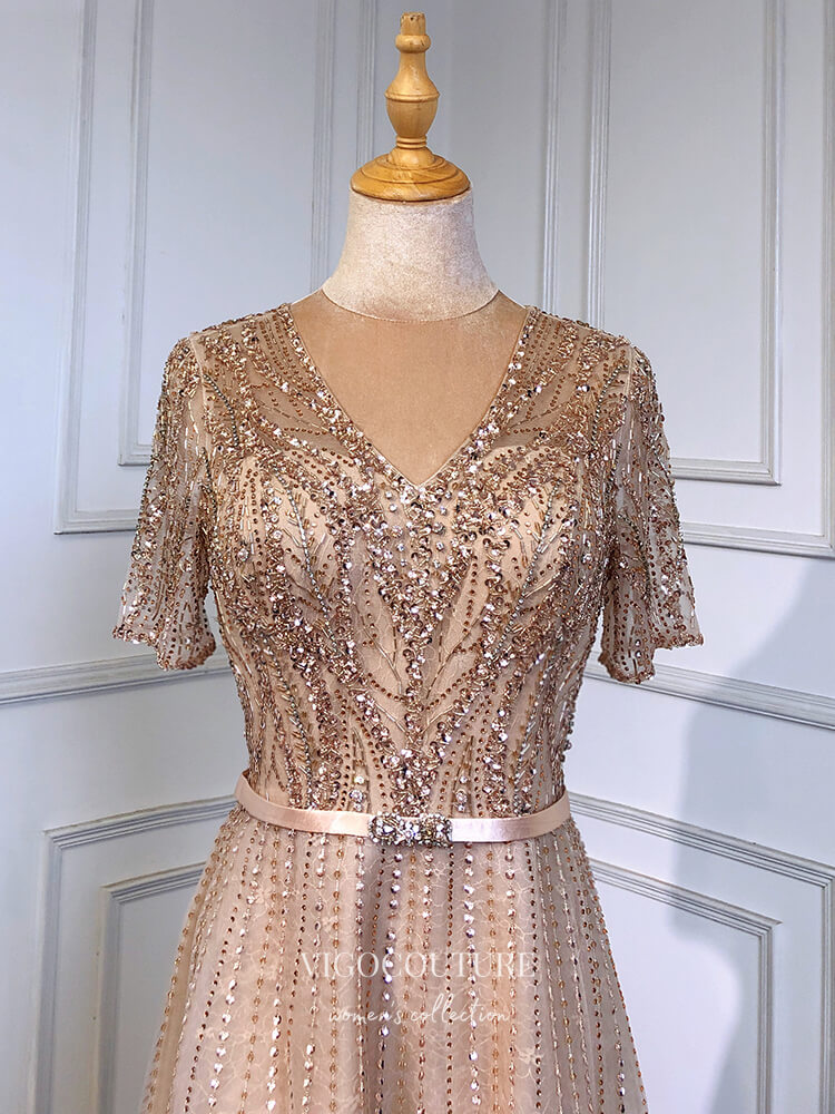 Prom Dress 2025 Beaded Short Sleeve Formal Dresses A-Line Evening Dresses 21517-unique elegant Prom Dresses-Gold-US2-vigocouture