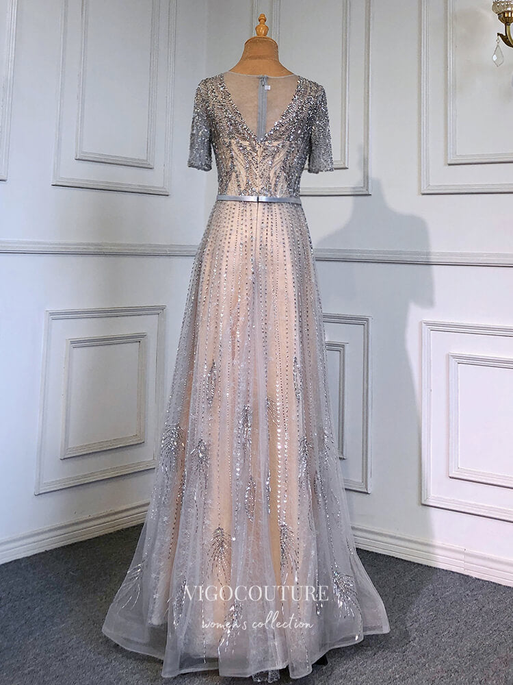 Prom Dress 2025 Beaded Short Sleeve Formal Dresses A-Line Evening Dresses 21517-unique elegant Prom Dresses-Gold-US2-vigocouture