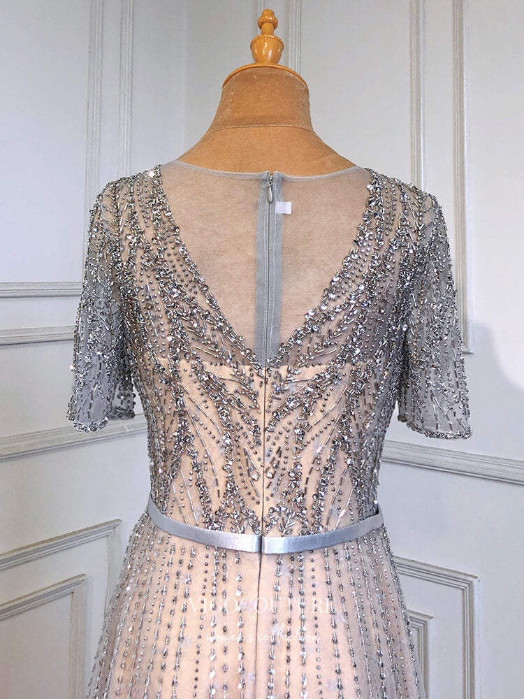 Beaded Short Sleeve Formal Dresses A-Line Evening Dresses 21517 Silver / US8 Beaded Short Sleeve Formal Dresses A-Line Evening Dresses 21517 Silver / US8