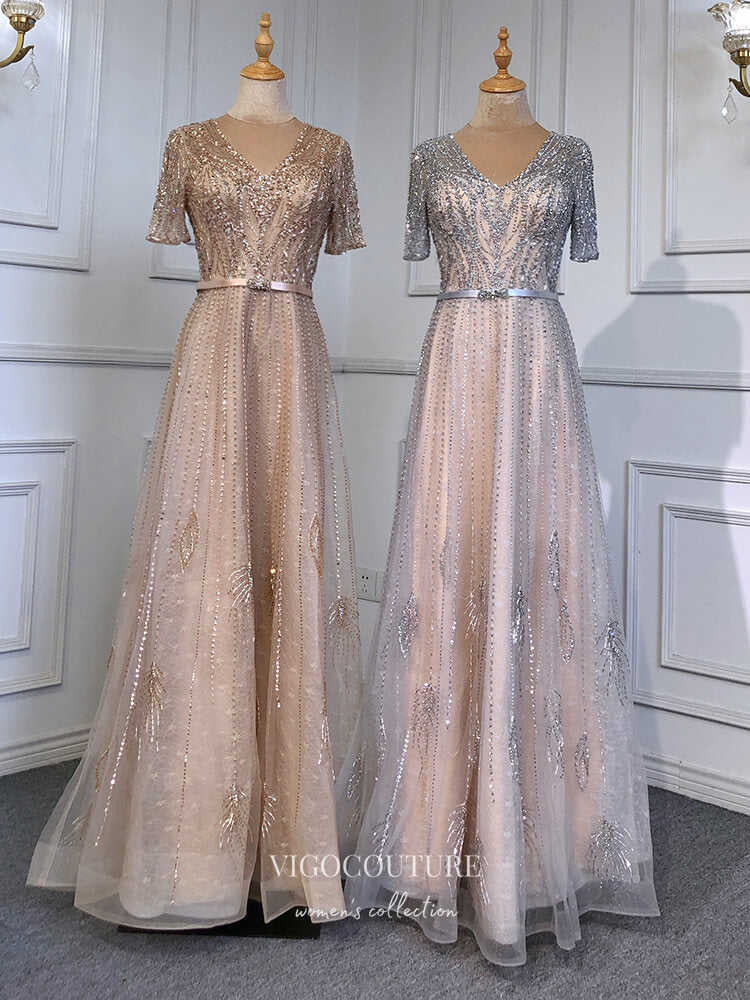 Prom Dress 2025 Beaded Short Sleeve Formal Dresses A-Line Evening Dresses 21517-unique elegant Prom Dresses-Gold-US2-vigocouture