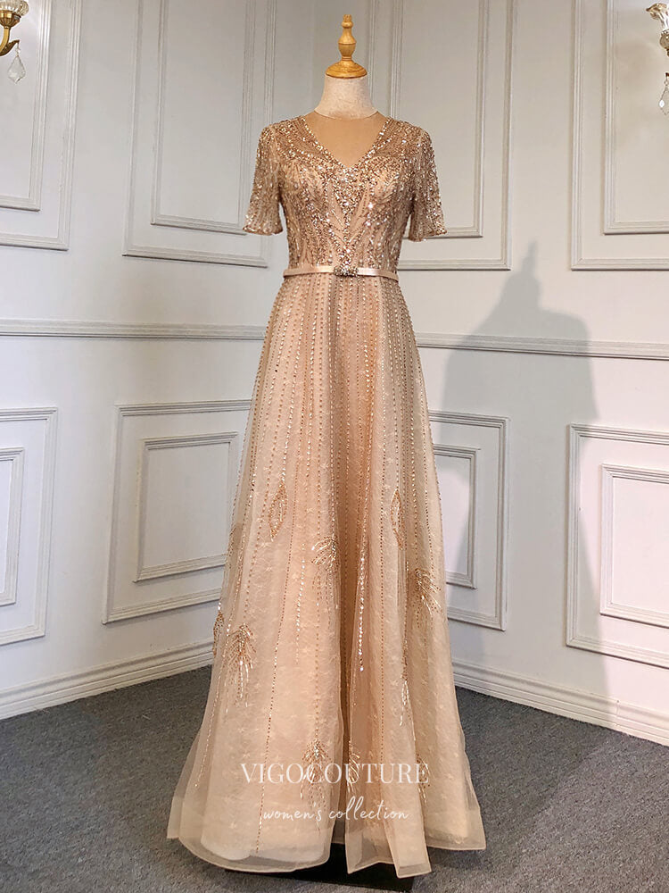 Prom Dress 2025 Beaded Short Sleeve Formal Dresses A-Line Evening Dresses 21517-unique elegant Prom Dresses-Gold-US2-vigocouture