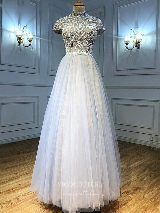 Prom Dress 2025 Beaded Short Sleeve Prom Dresses High Neck Formal Dresses 21262-unique elegant Prom Dresses-As Pictured-US2-vigocouture