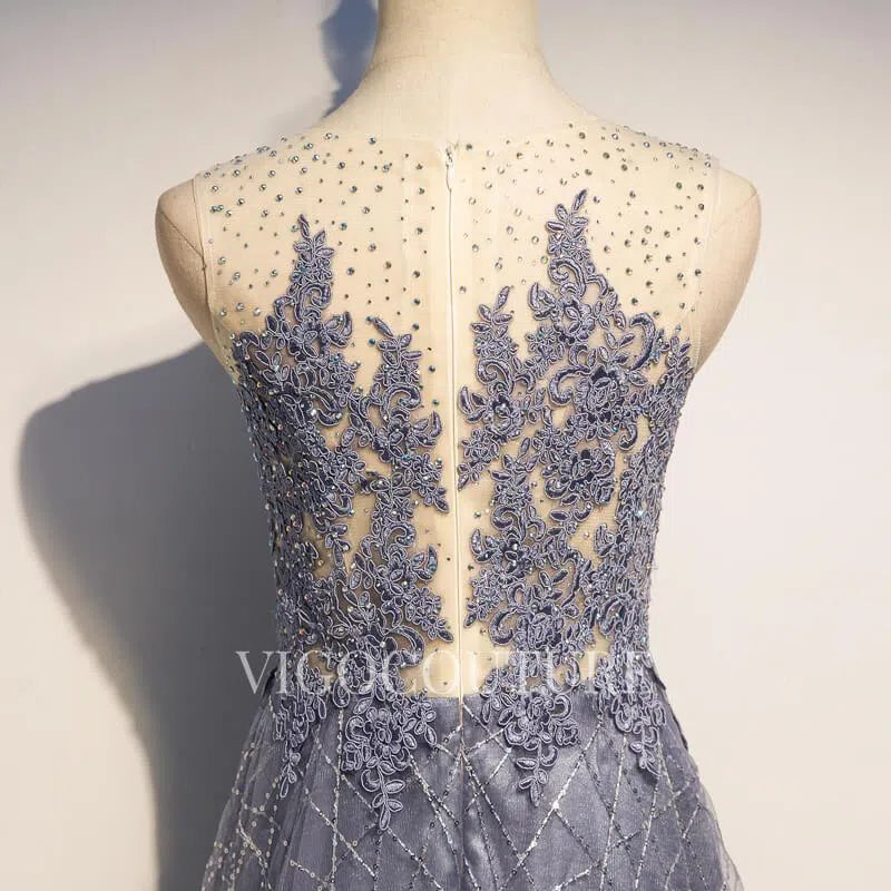 Prom Dress 2025 Beaded Sleeveless Prom Dress 2022 Round Neck Prom Gown-unique elegant Prom Dresses-Grey-US2-vigocouture