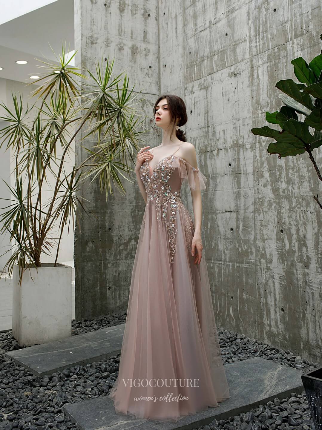 Prom Dress 2025 Beaded Spaghetti Strap Prom Dress 20190-unique elegant Prom Dresses-Blush-US2-vigocouture