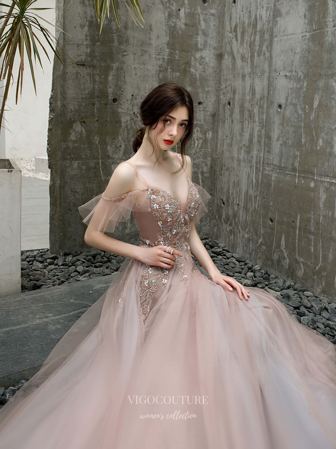 Prom Dress 2025 Beaded Spaghetti Strap Prom Dress 20190-unique elegant Prom Dresses-Blush-US2-vigocouture