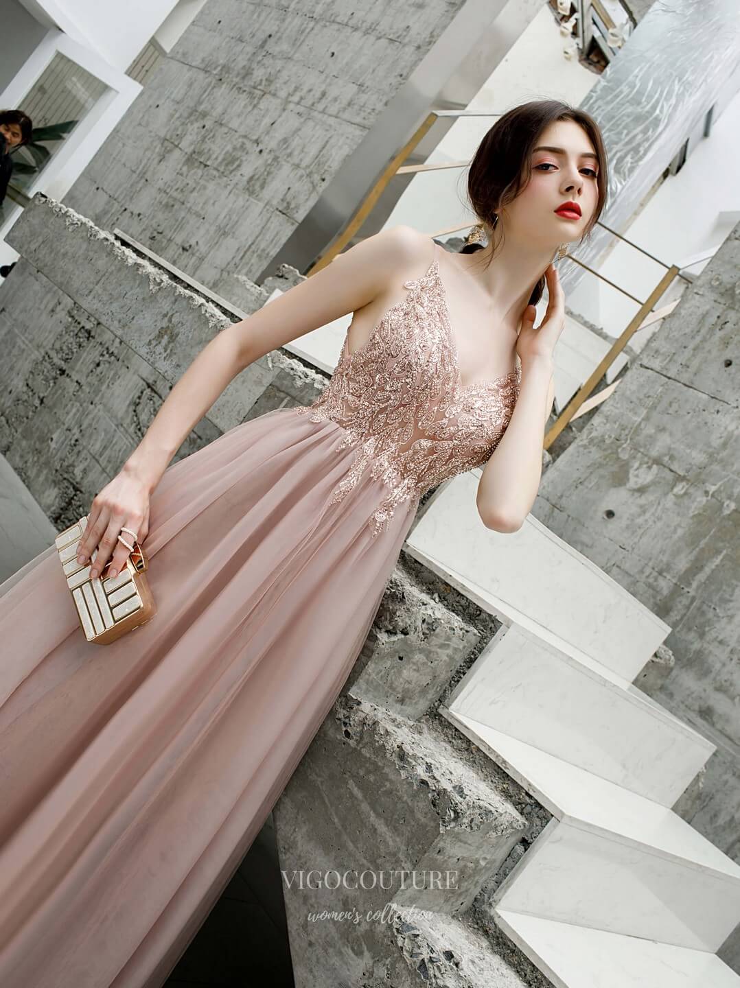 Prom Dress 2025 Beaded Spaghetti Strap Prom Dress 20191-unique elegant Prom Dresses-Blush-US2-vigocouture