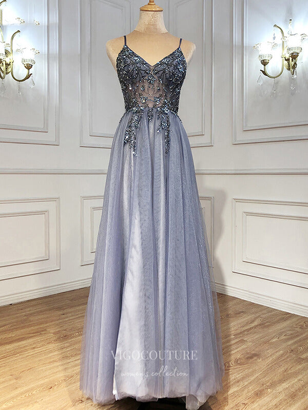 Prom Dress 2025 Beaded Spaghetti Strap Prom Dress 20193-unique elegant Prom Dresses-Blue-US2-vigocouture