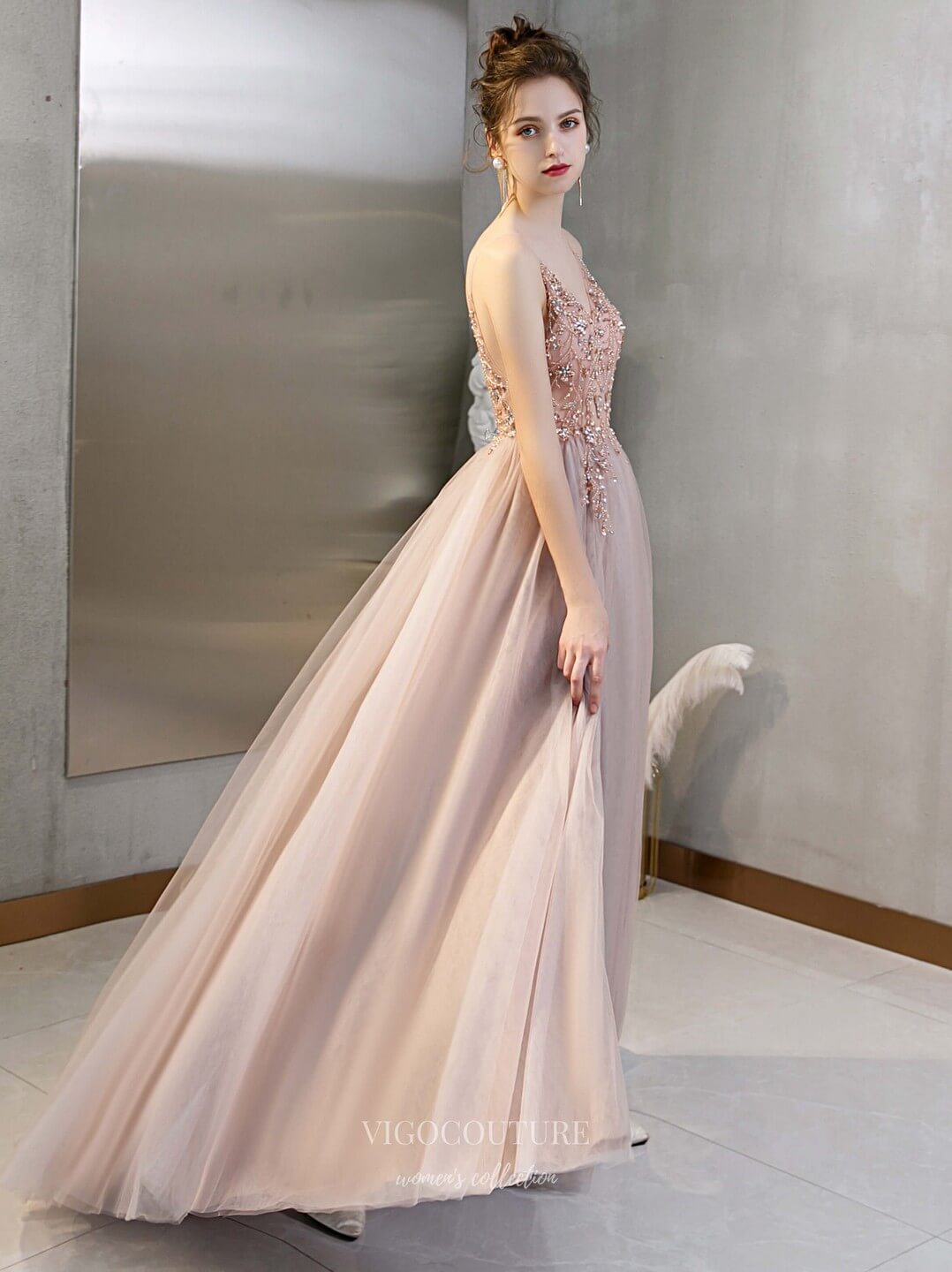 Prom Dress 2025 Beaded Spaghetti Strap Prom Dress 20193-unique elegant Prom Dresses-Blush-US2-vigocouture