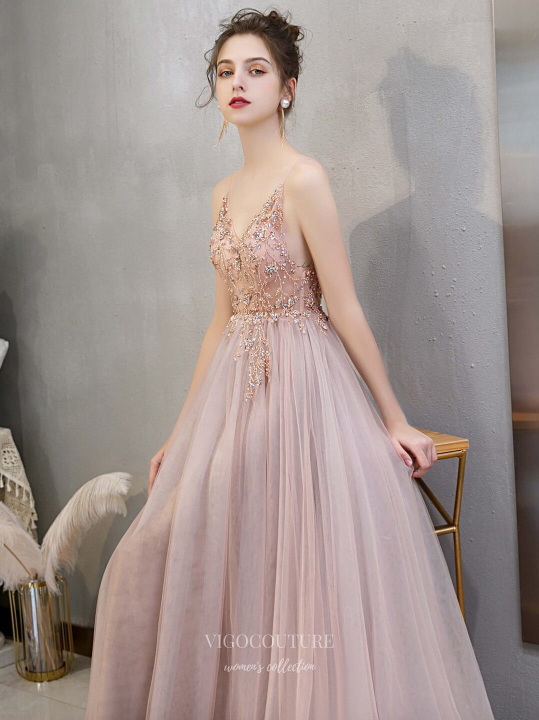 Prom Dress 2025 Beaded Spaghetti Strap Prom Dress 20193-unique elegant Prom Dresses-Blush-US2-vigocouture