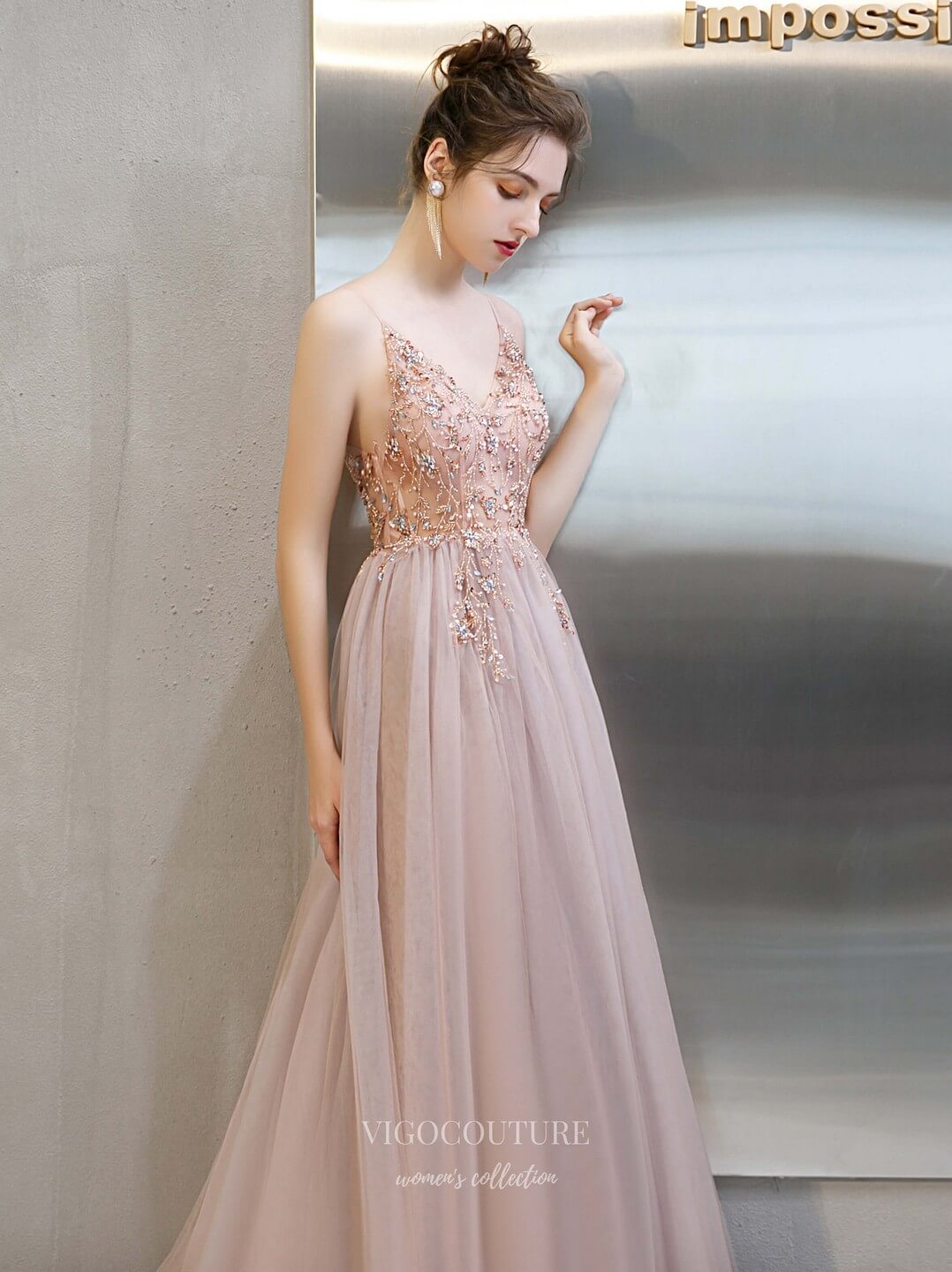 Prom Dress 2025 Beaded Spaghetti Strap Prom Dress 20193-unique elegant Prom Dresses-Blush-US2-vigocouture