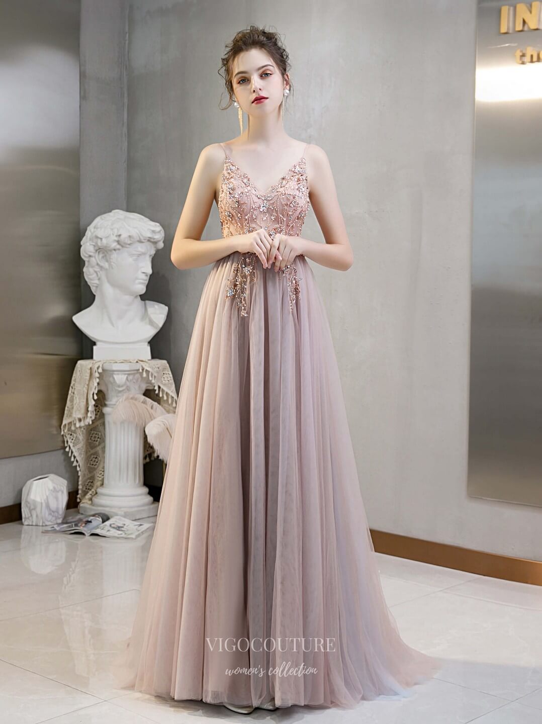 Prom Dress 2025 Beaded Spaghetti Strap Prom Dress 20193-unique elegant Prom Dresses-Blush-US2-vigocouture