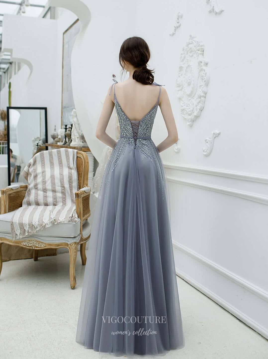 Prom Dress 2025 Beaded Spaghetti Strap Prom Dress 20196-unique elegant Prom Dresses-Grey-US2-vigocouture