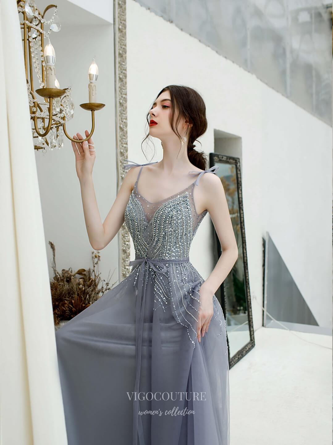 Prom Dress 2025 Beaded Spaghetti Strap Prom Dress 20196-unique elegant Prom Dresses-Grey-US2-vigocouture