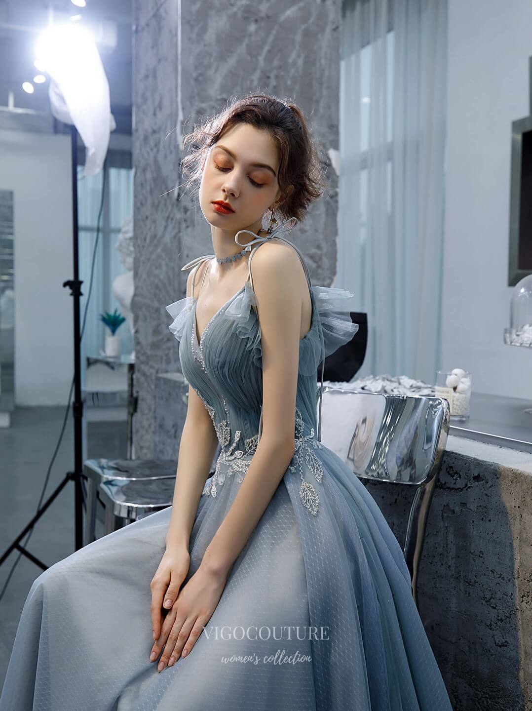 Prom Dress 2025 Beaded Spaghetti Strap Prom Dress 20198-unique elegant Prom Dresses-Slate Grey-US2-vigocouture